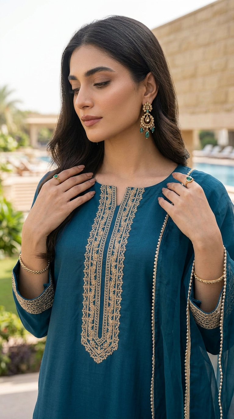Miski Winter Essentials 3pc Teal Embroidered Linen Suit with Net Dupatta – MWE3