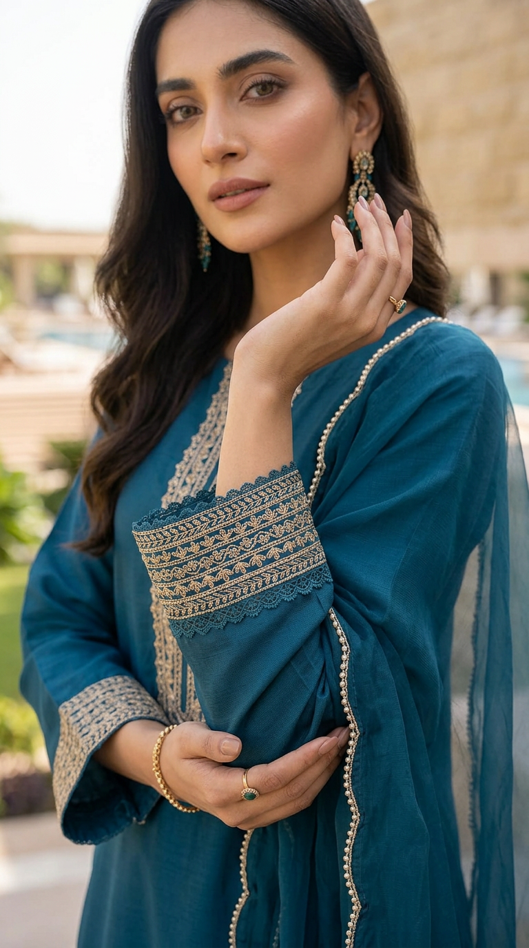 Miski Winter Essentials 3pc Teal Embroidered Linen Suit with Net Dupatta – MWE3