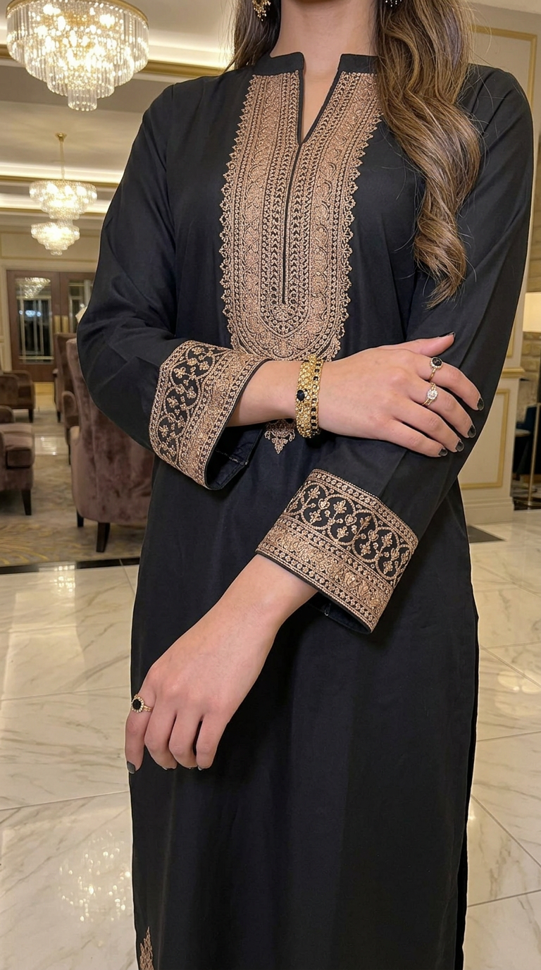 Miski Winter Essentials 3pc Black Embroidered Linen Suit with Net Dupatta – MWE10