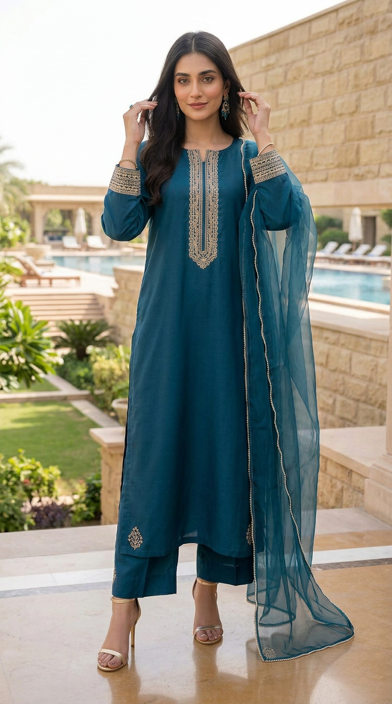 Miski Winter Essentials 3pc Teal Embroidered Linen Suit with Net Dupatta – MWE3