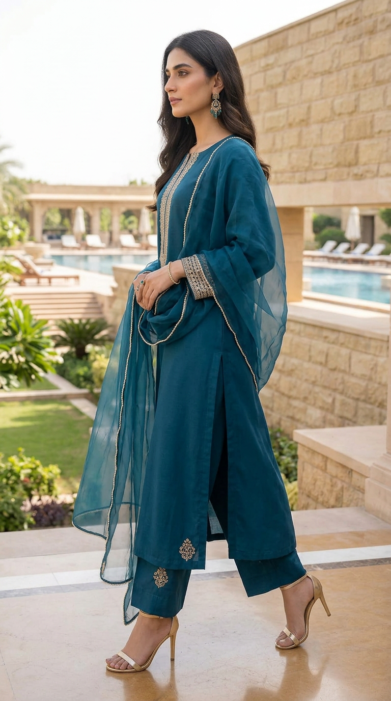 Miski Winter Essentials 3pc Teal Embroidered Linen Suit with Net Dupatta – MWE3