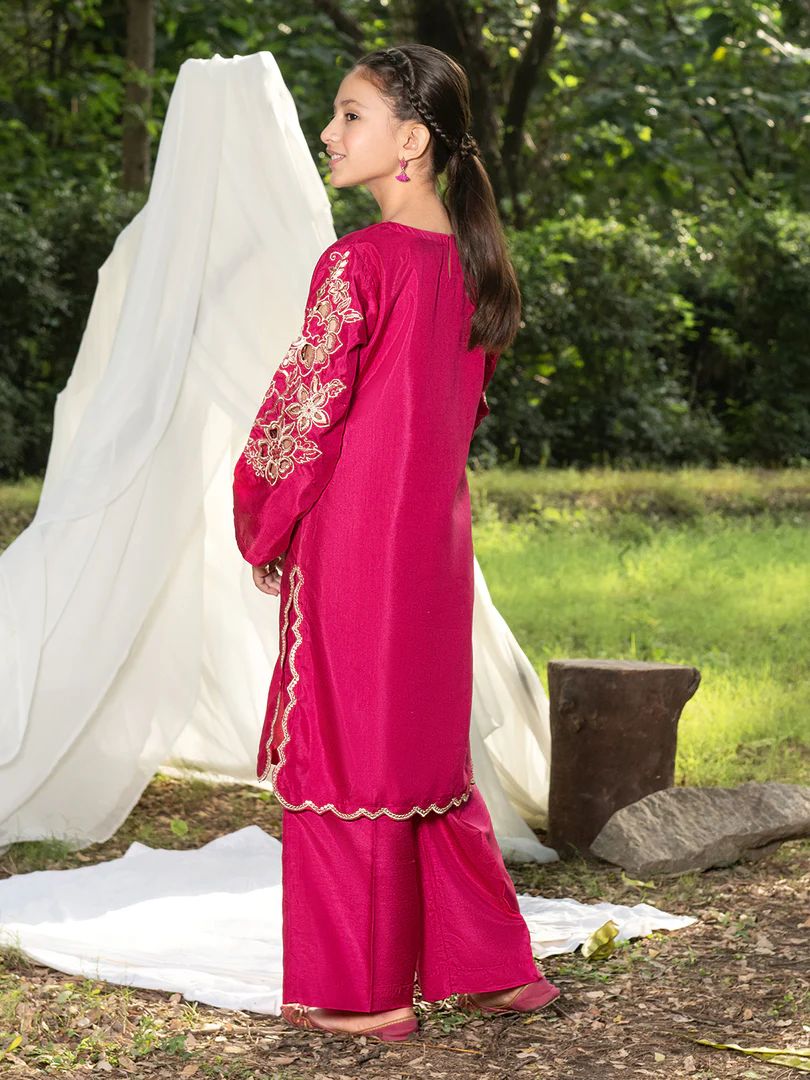 Mini Me by Mona – Pink Spangle Raw Silk 2pc Girls Dress MMM8