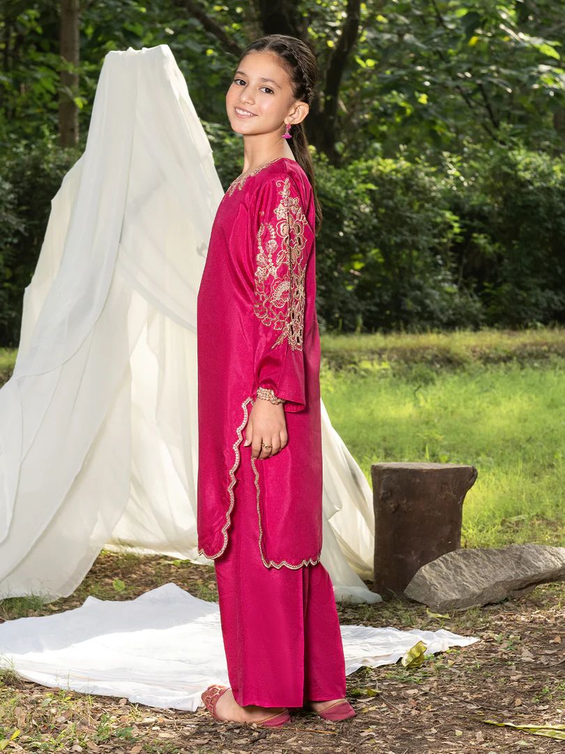 Mini Me by Mona – Pink Spangle Raw Silk 2pc Girls Dress MMM8