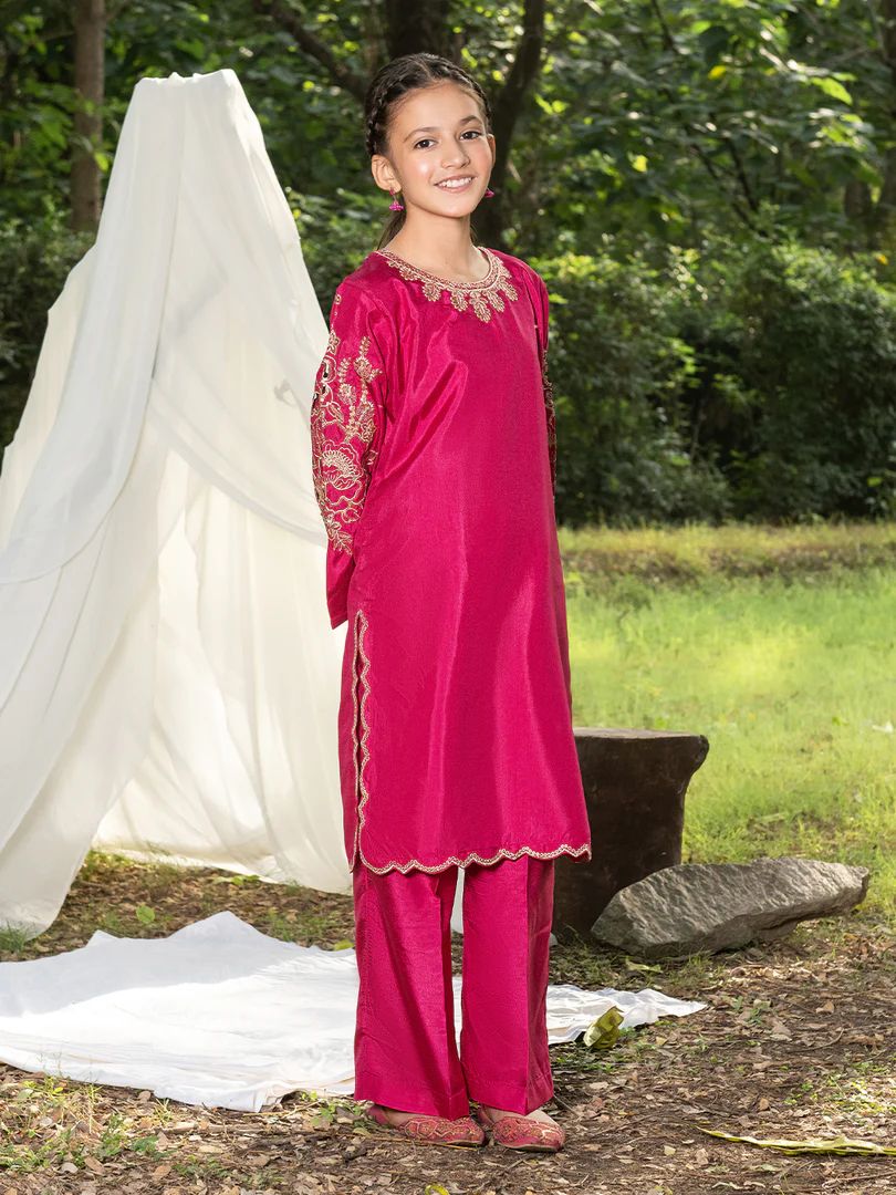 Mini Me by Mona – Pink Spangle Raw Silk 2pc Girls Dress MMM8