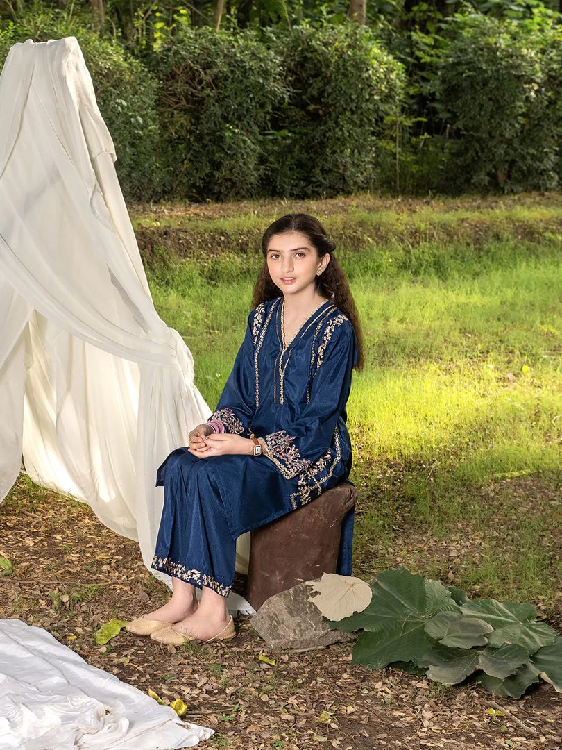 Mini Me by Mona – Navy Spangle Raw Silk 2pc Girls Dress MMM7