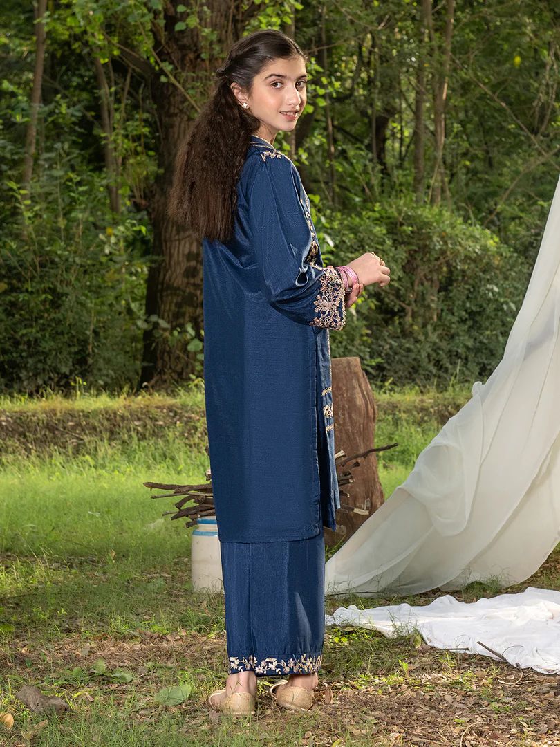 Mini Me by Mona – Navy Spangle Raw Silk 2pc Girls Dress MMM7