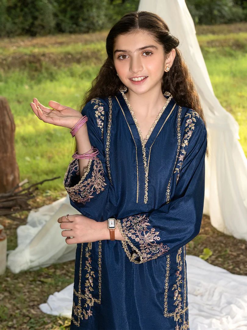 Mini Me by Mona – Navy Spangle Raw Silk 2pc Girls Dress MMM7