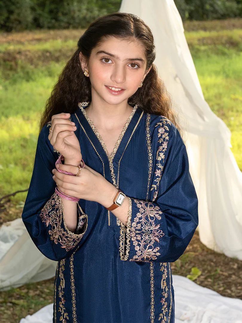 Mini Me by Mona – Navy Spangle Raw Silk 2pc Girls Dress MMM7