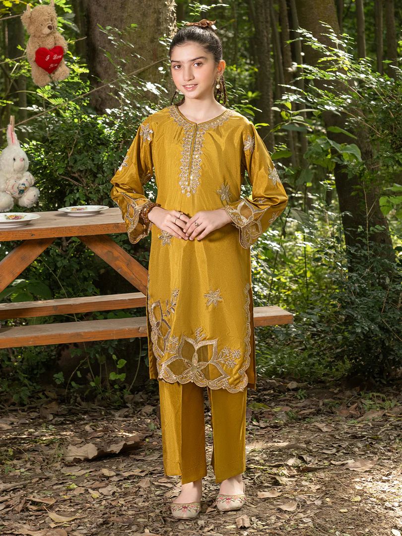 Mini Me by Mona – Mustard Spangle Raw Silk 2pc Girls Dress MMM6