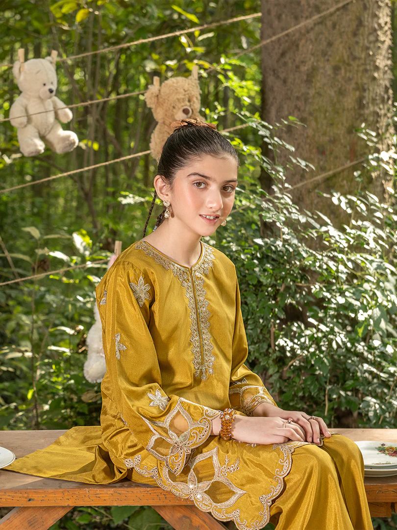 Mini Me by Mona – Mustard Spangle Raw Silk 2pc Girls Dress MMM6