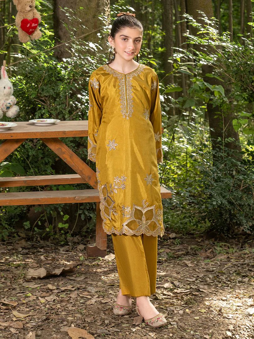 Mini Me by Mona – Mustard Spangle Raw Silk 2pc Girls Dress MMM6