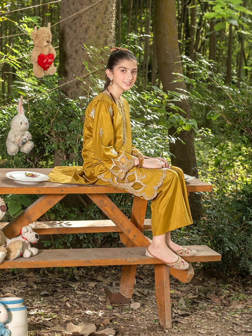 Mini Me by Mona – Mustard Spangle Raw Silk 2pc Girls Dress MMM6