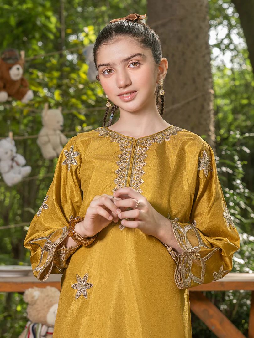 Mini Me by Mona – Mustard Spangle Raw Silk 2pc Girls Dress MMM6