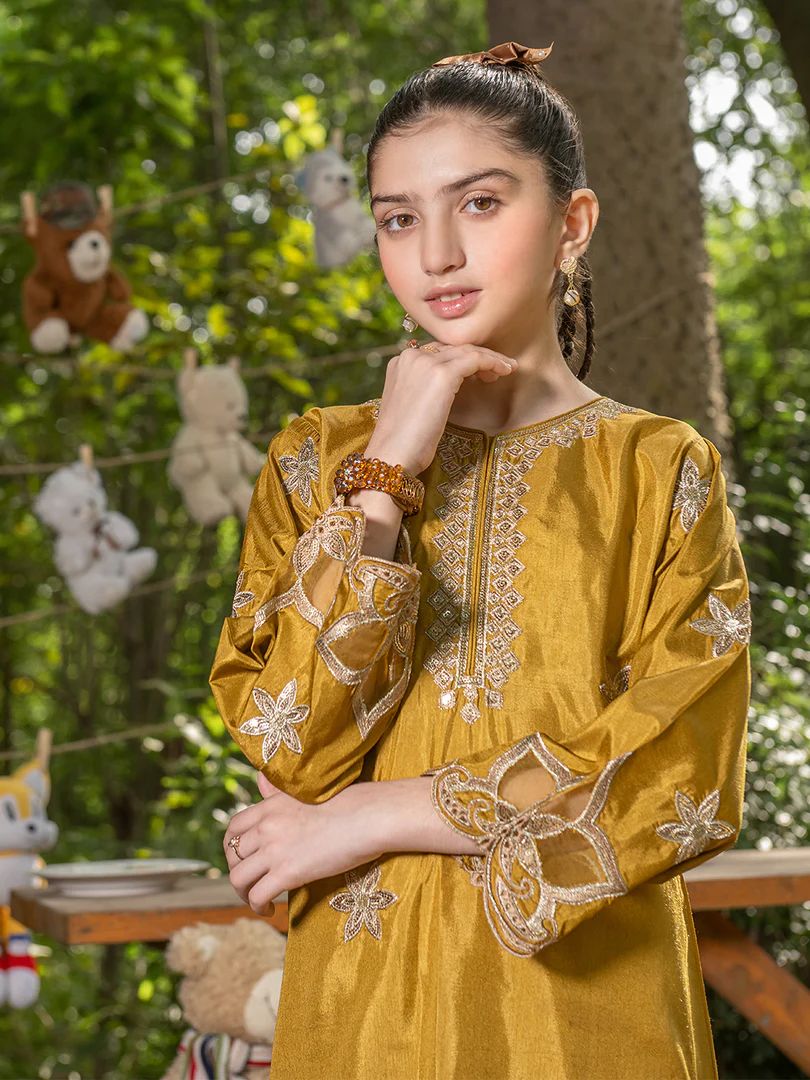 Mini Me by Mona – Mustard Spangle Raw Silk 2pc Girls Dress MMM6