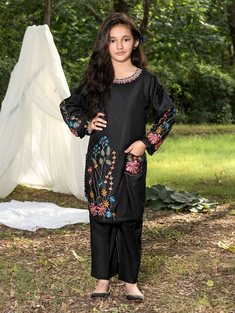 Mini Me by Mona – Black Spangle Raw Silk 2pc Girls Dress MMM4