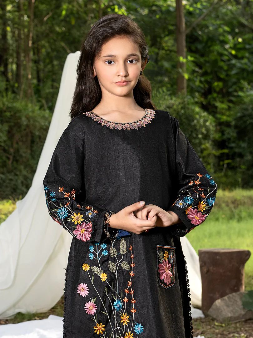 Mini Me by Mona – Black Spangle Raw Silk 2pc Girls Dress MMM4