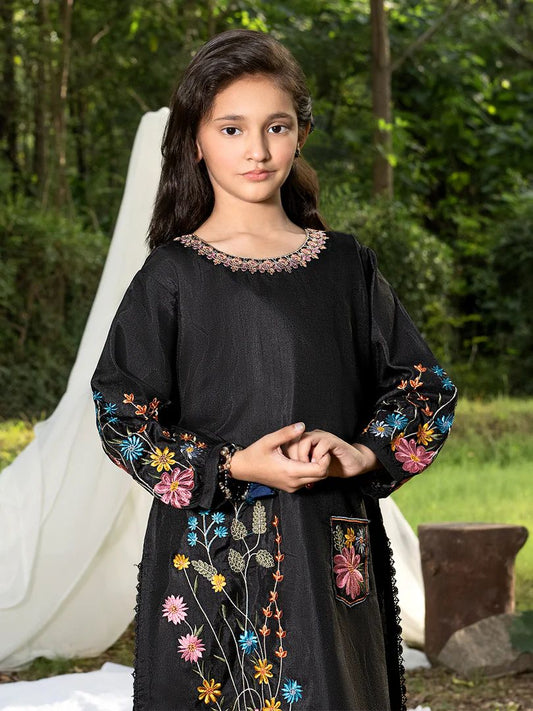 Mini Me by Mona – Black Spangle Raw Silk 2pc Girls Dress MMM4