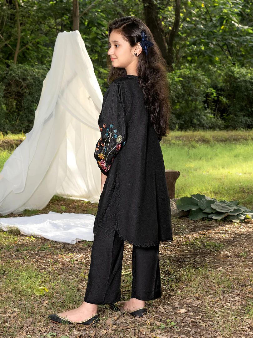 Mini Me by Mona – Black Spangle Raw Silk 2pc Girls Dress MMM4