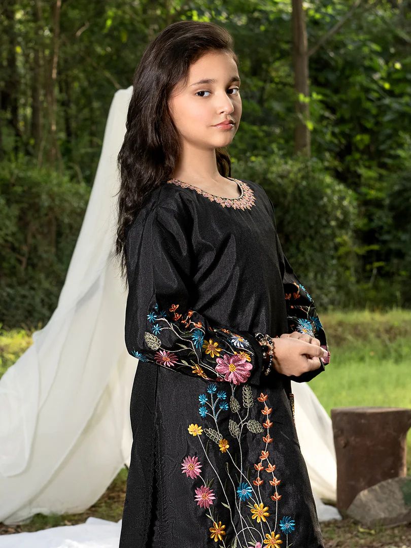 Mini Me by Mona – Black Spangle Raw Silk 2pc Girls Dress MMM4