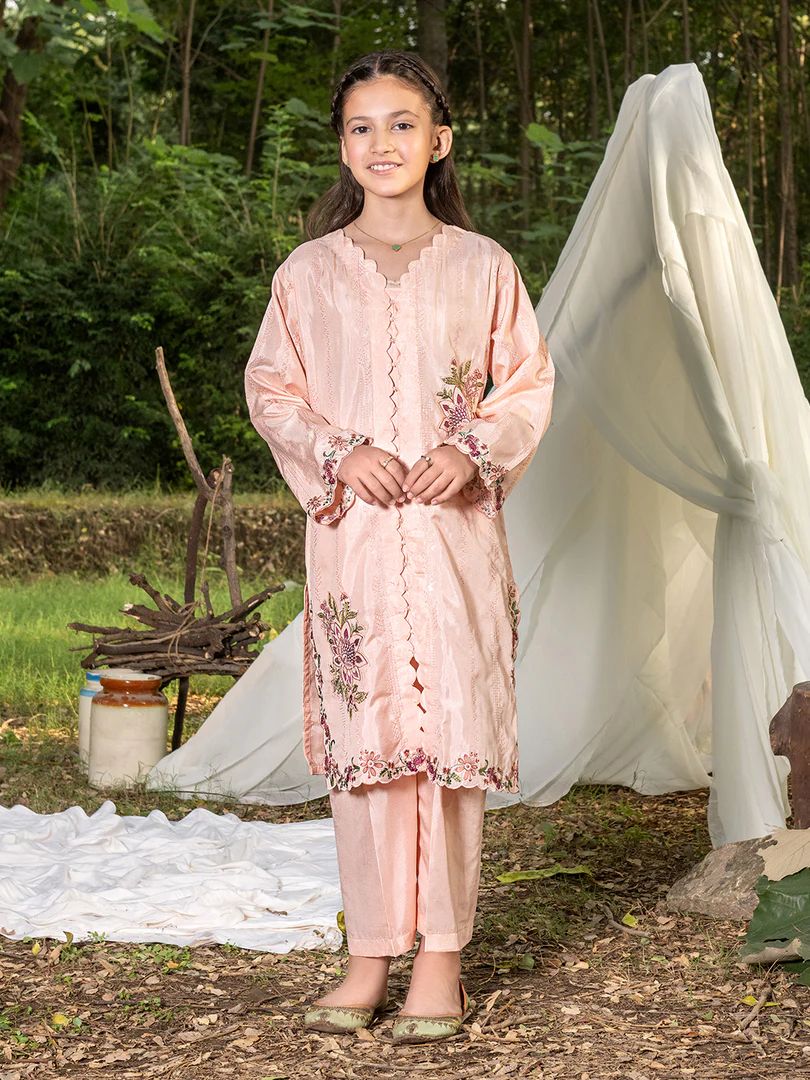 Mini Me by Mona – Peach Spangle Raw Silk 2pc Girls Dress MMM3