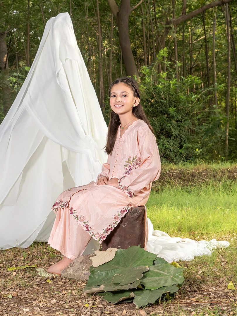 Mini Me by Mona – Peach Spangle Raw Silk 2pc Girls Dress MMM3