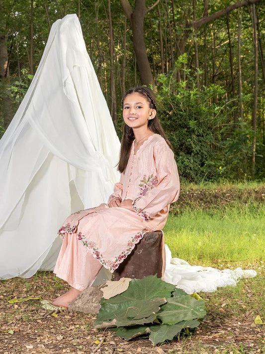 Mini Me by Mona – Peach Spangle Raw Silk 2pc Girls Dress MMM3