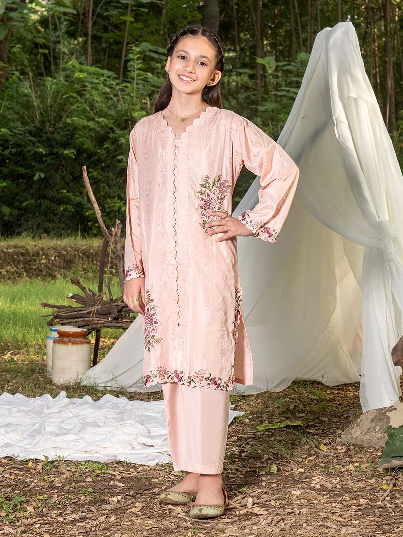 Mini Me by Mona – Peach Spangle Raw Silk 2pc Girls Dress MMM3