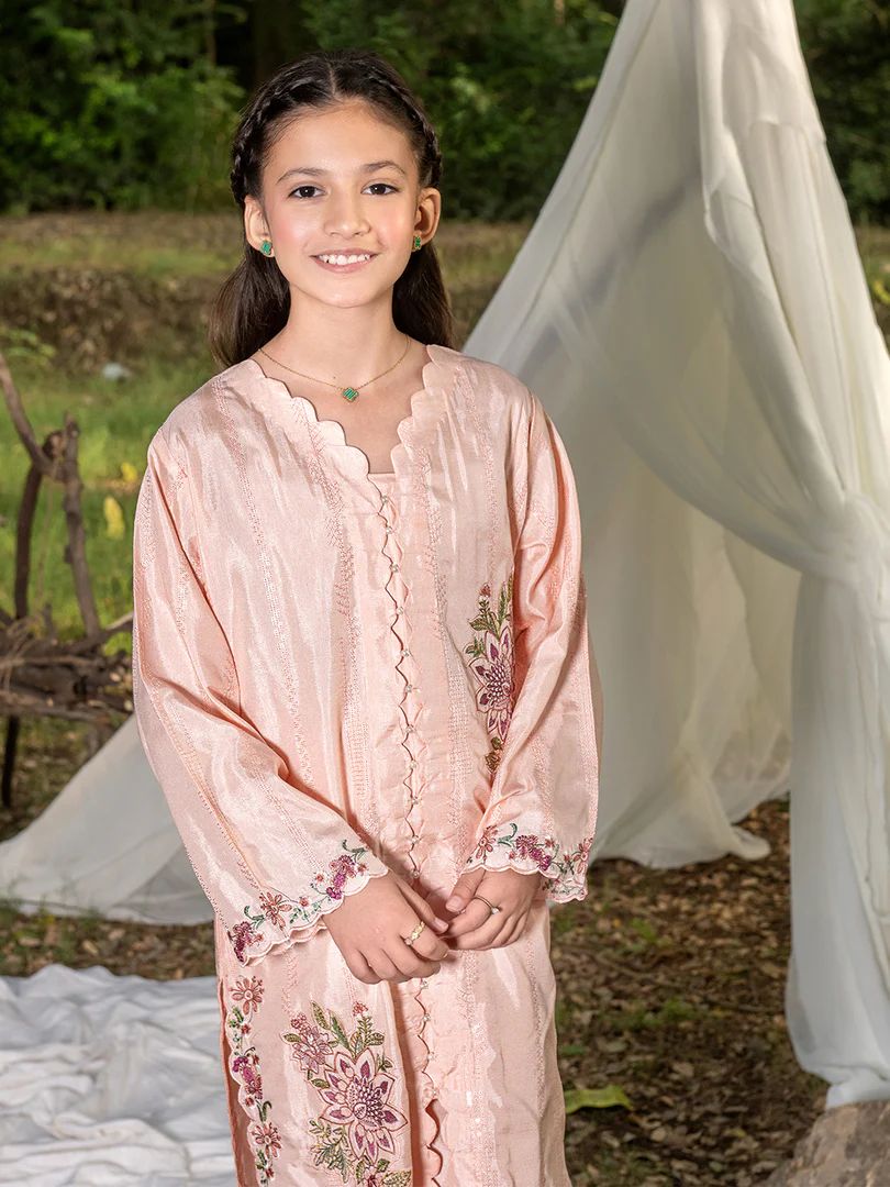 Mini Me by Mona – Peach Spangle Raw Silk 2pc Girls Dress MMM3