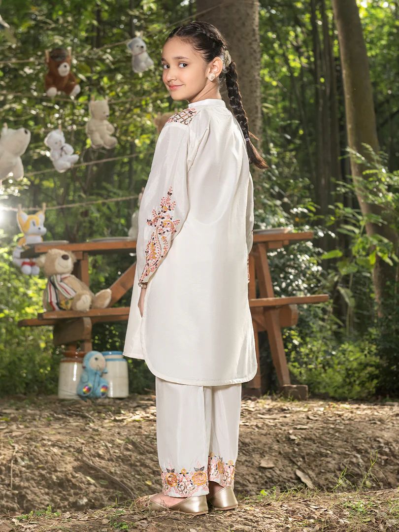 Mini Me by Mona – Ivory Spangle Raw Silk 2pc Girls Dress MMM2