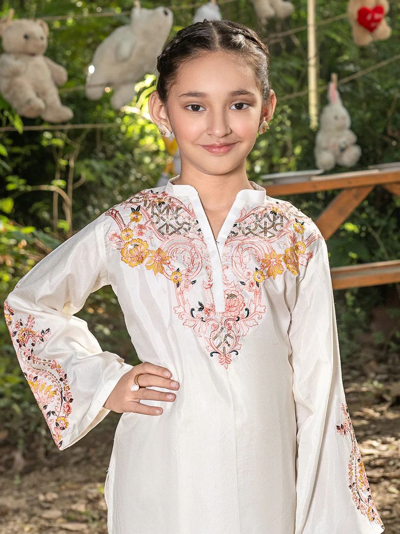 Mini Me by Mona – Ivory Spangle Raw Silk 2pc Girls Dress MMM2