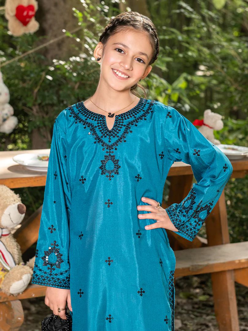 Mini Me by Mona – Teal Spangle Raw Silk 2pc Girls Dress MMM1