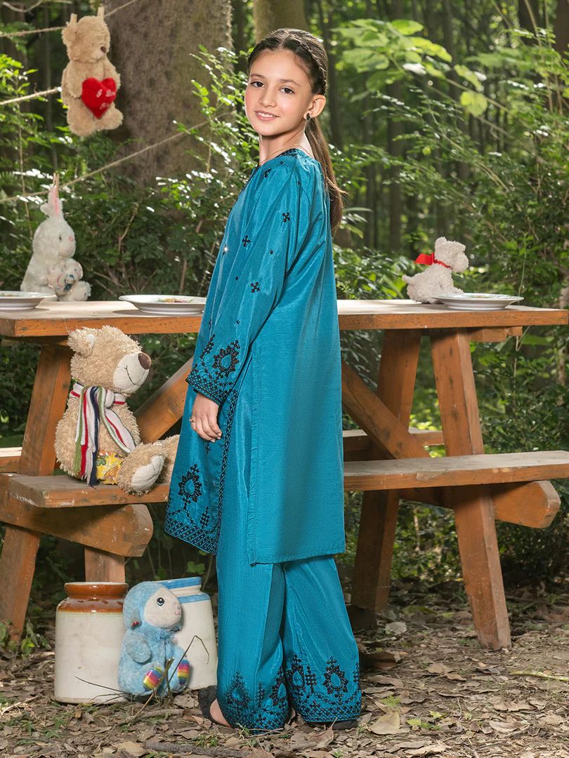 Mini Me by Mona – Teal Spangle Raw Silk 2pc Girls Dress MMM1