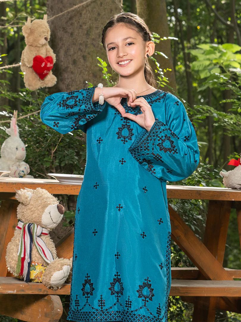 Mini Me by Mona – Teal Spangle Raw Silk 2pc Girls Dress MMM1