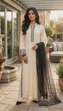 Miski Winter Essentials 3pc Off-White Linen Suit with Dark Grey Embroidery and Net Dupatta – MWE6