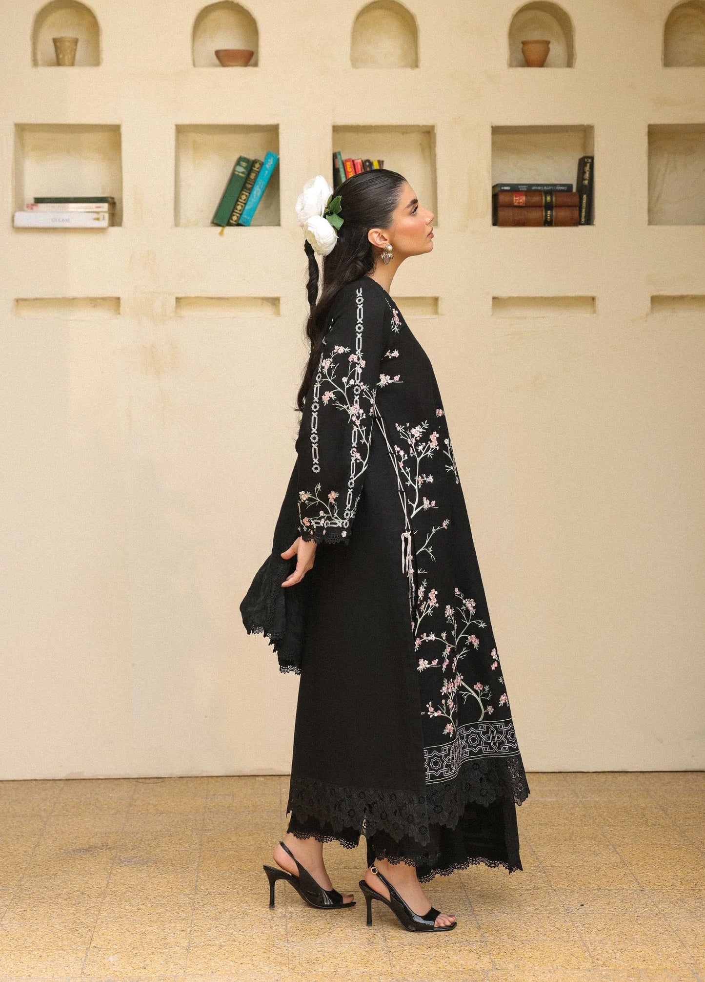 ZSA7 Ziya by Sahar Black Khaddar Long Shirt 3PC with Wool Shawl