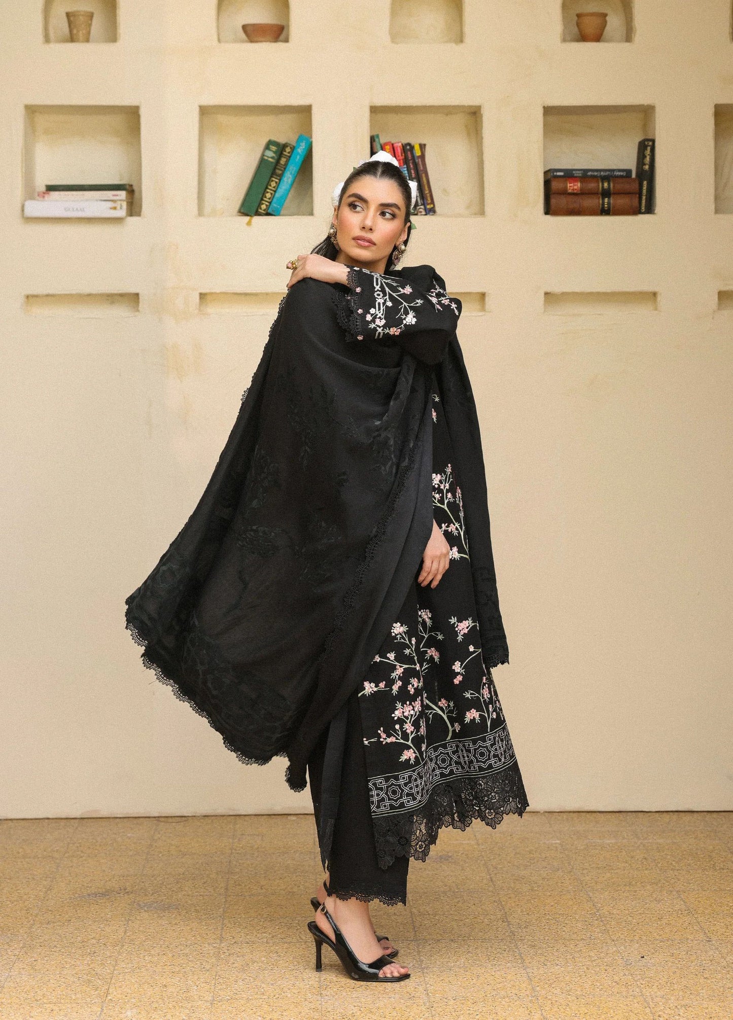 ZSA7 Ziya by Sahar Black Khaddar Long Shirt 3PC with Wool Shawl