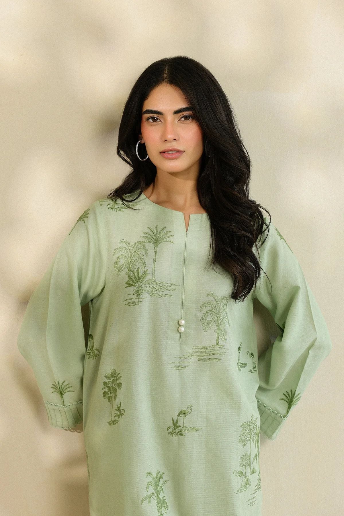 Green Tropical Embroidered Self Jacquard 2pc Winter Set – Sahar SWC8