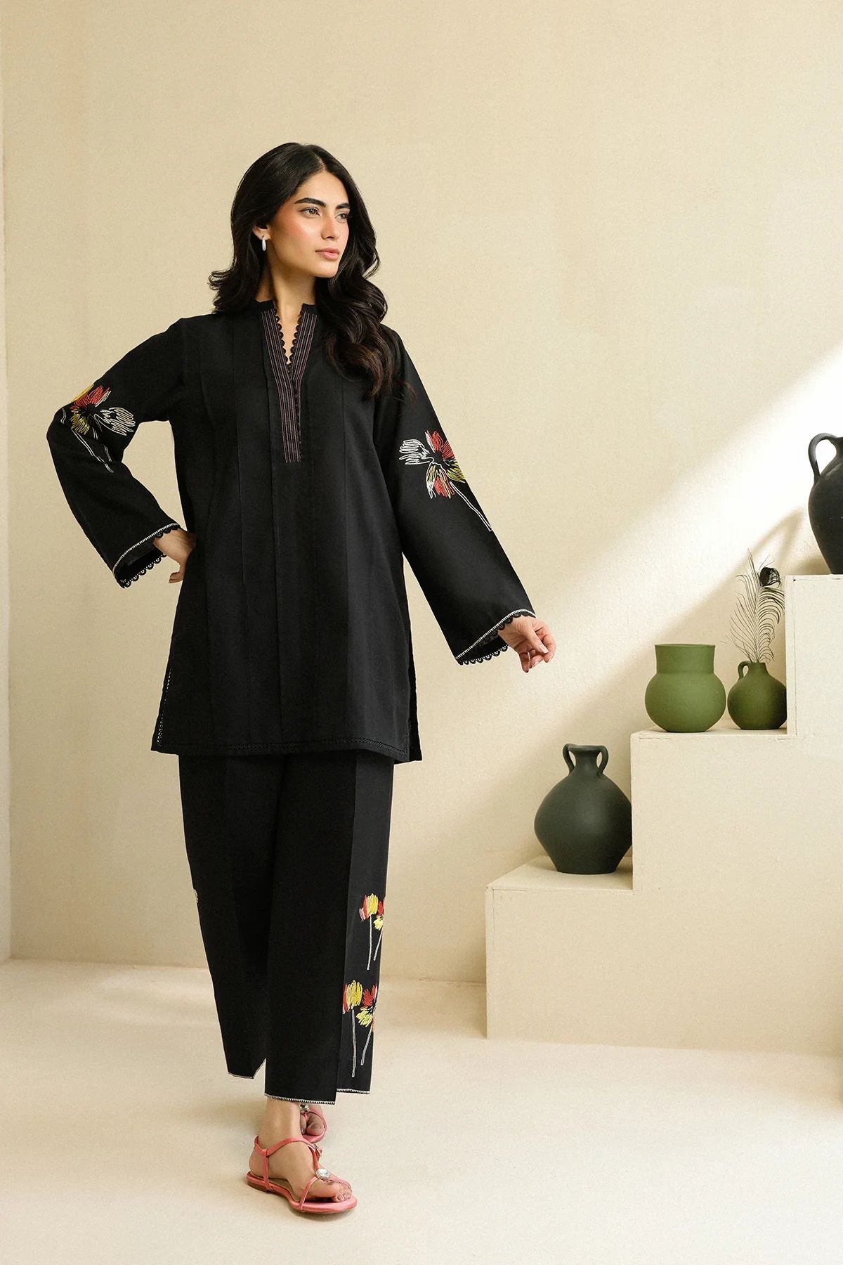 Black Floral Embroidered Self Jacquard 2pc Winter Set – Sahar SWC7