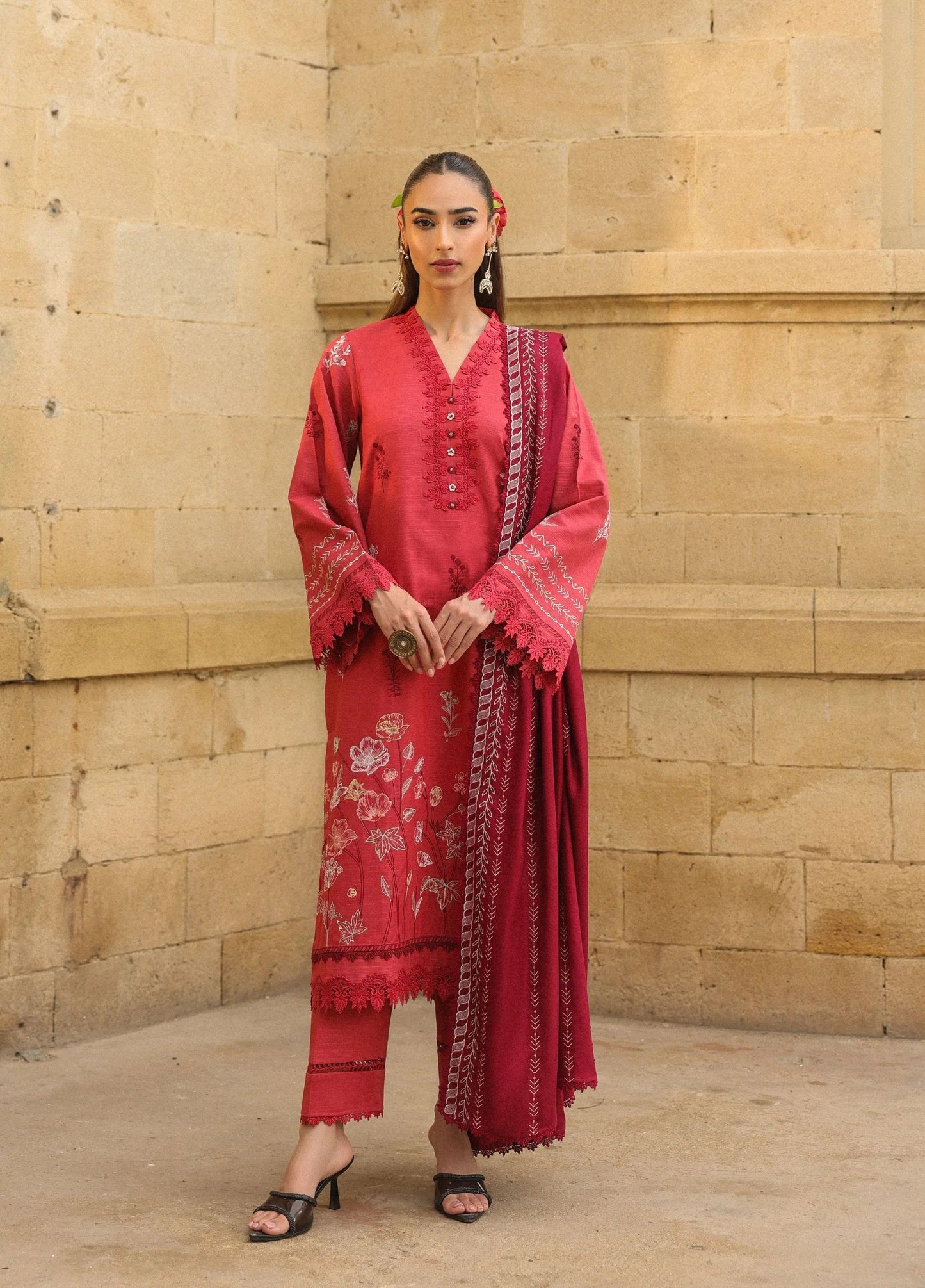 ZSA3 Ziya by Sahar Crimson Embroidered Khaddar 3PC with Wool Shawl