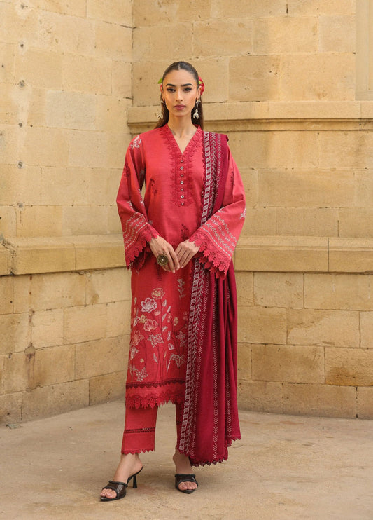 ZSA3 Ziya by Sahar Crimson Embroidered Khaddar 3PC with Wool Shawl