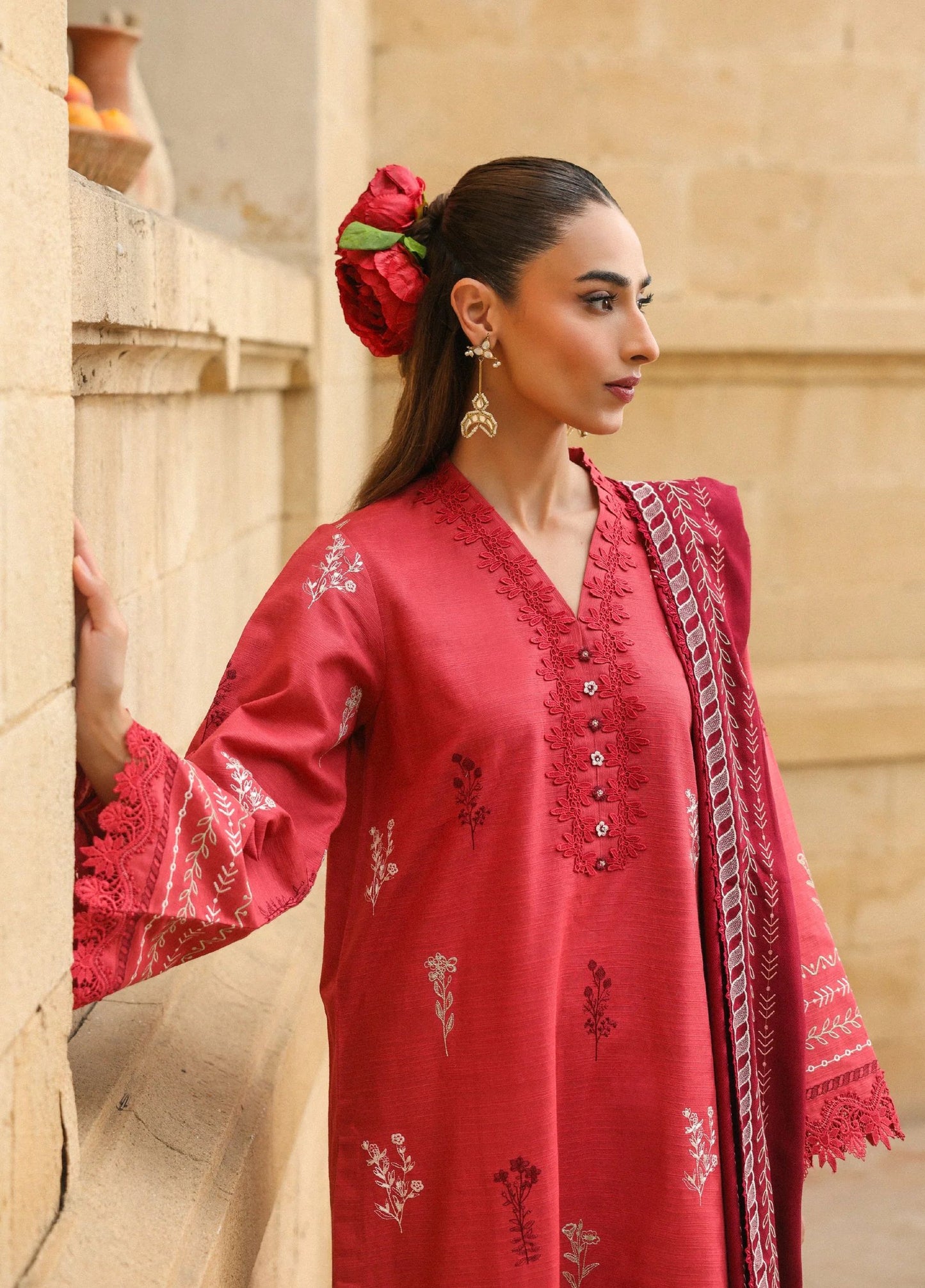 ZSA3 Ziya by Sahar Crimson Embroidered Khaddar 3PC with Wool Shawl