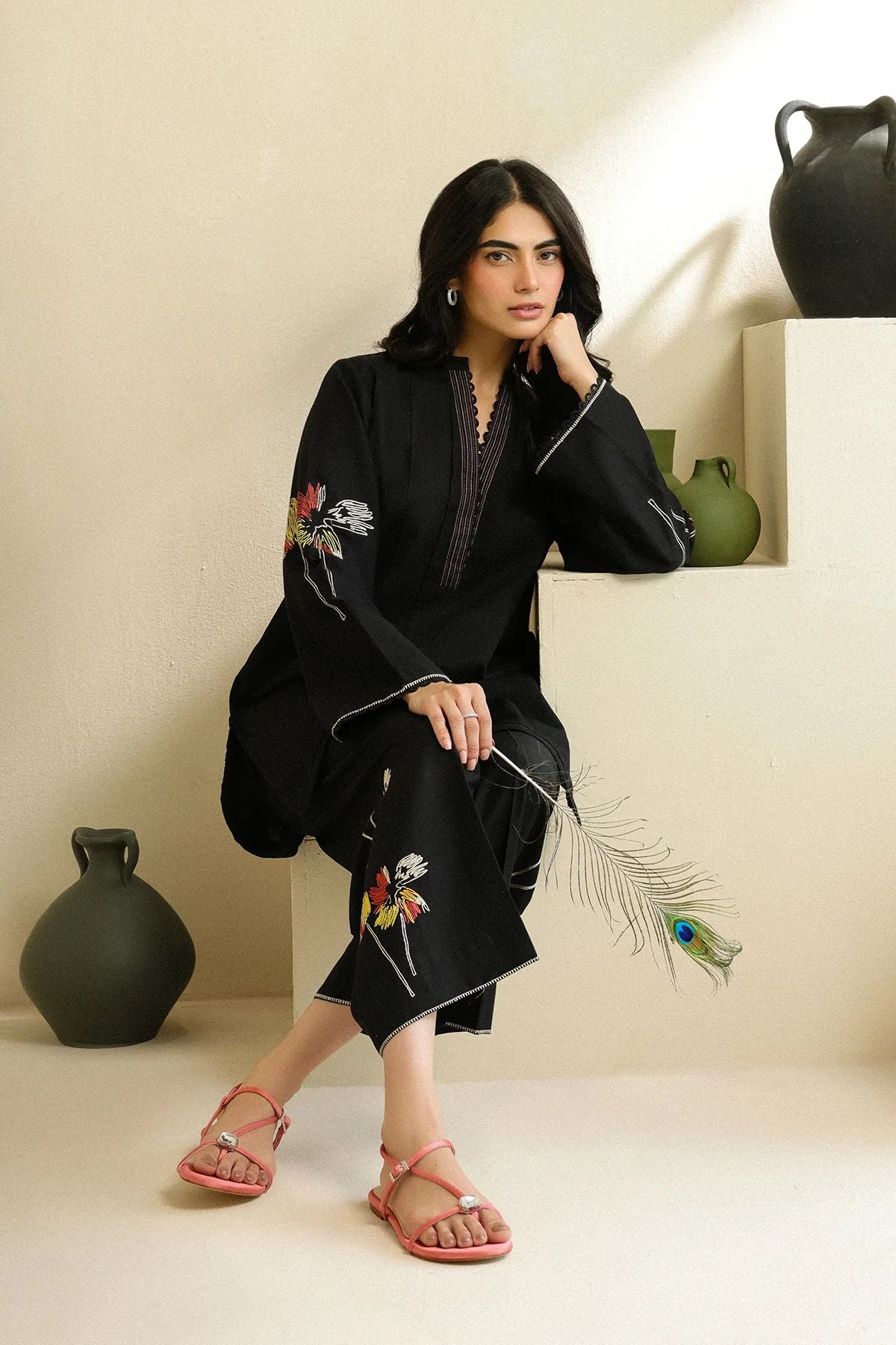 Black Floral Embroidered Self Jacquard 2pc Winter Set – Sahar SWC7