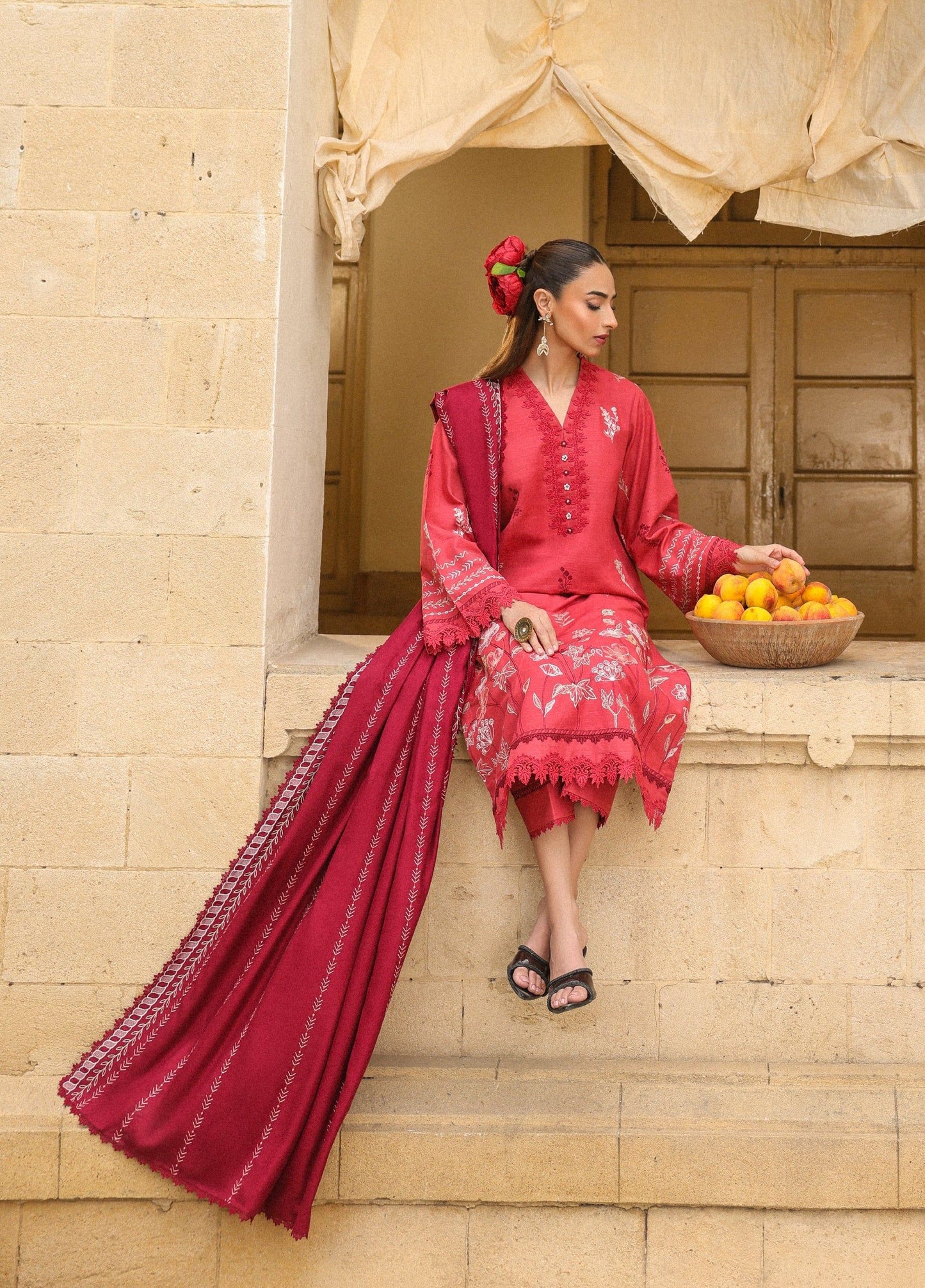 ZSA3 Ziya by Sahar Crimson Embroidered Khaddar 3PC with Wool Shawl