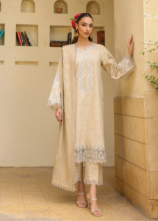 ZSA5 Ziya by Sahar – Beige Embroidered Khaddar 3PC with Wool Shawl