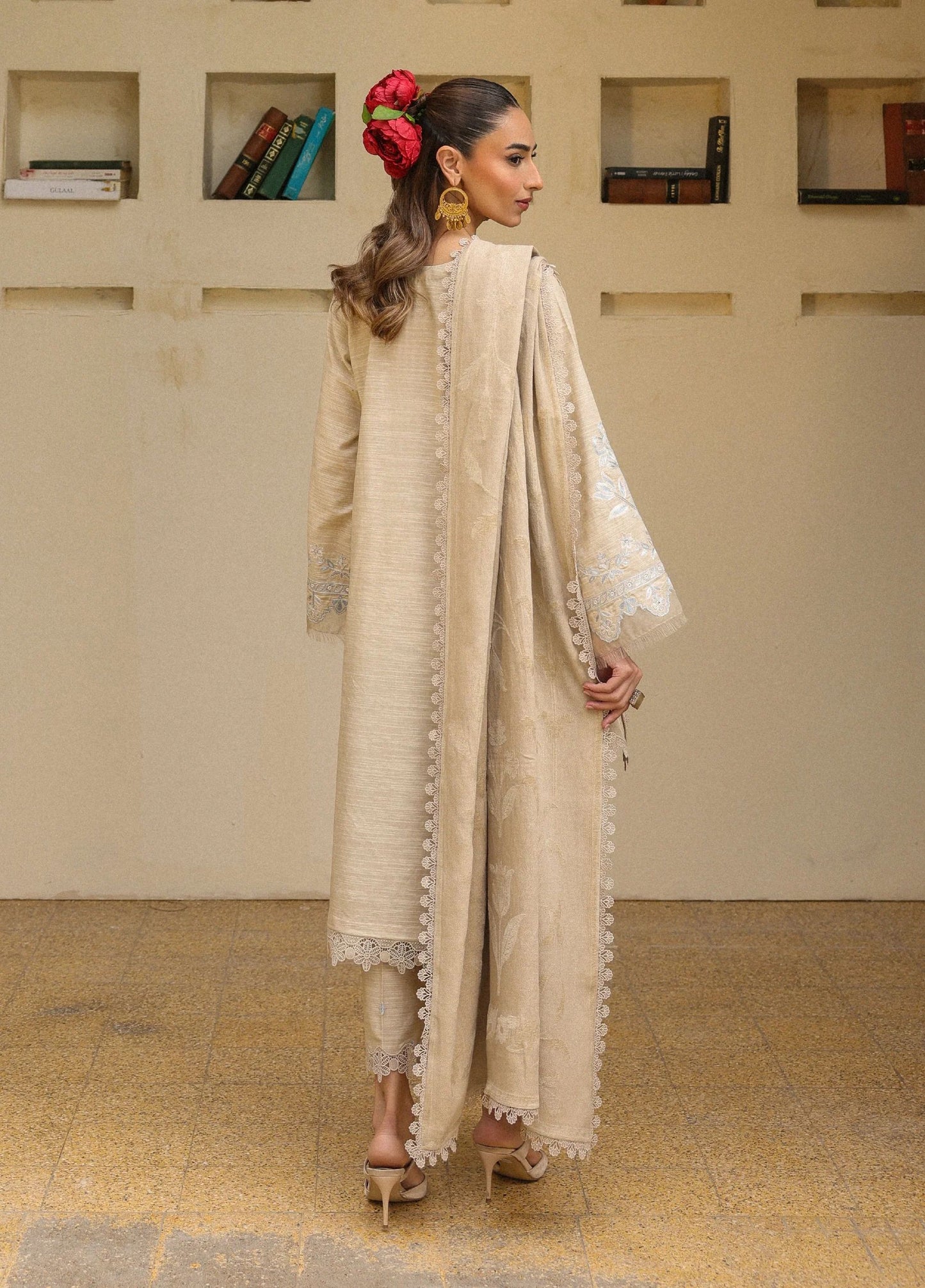 ZSA5 Ziya by Sahar – Beige Embroidered Khaddar 3PC with Wool Shawl