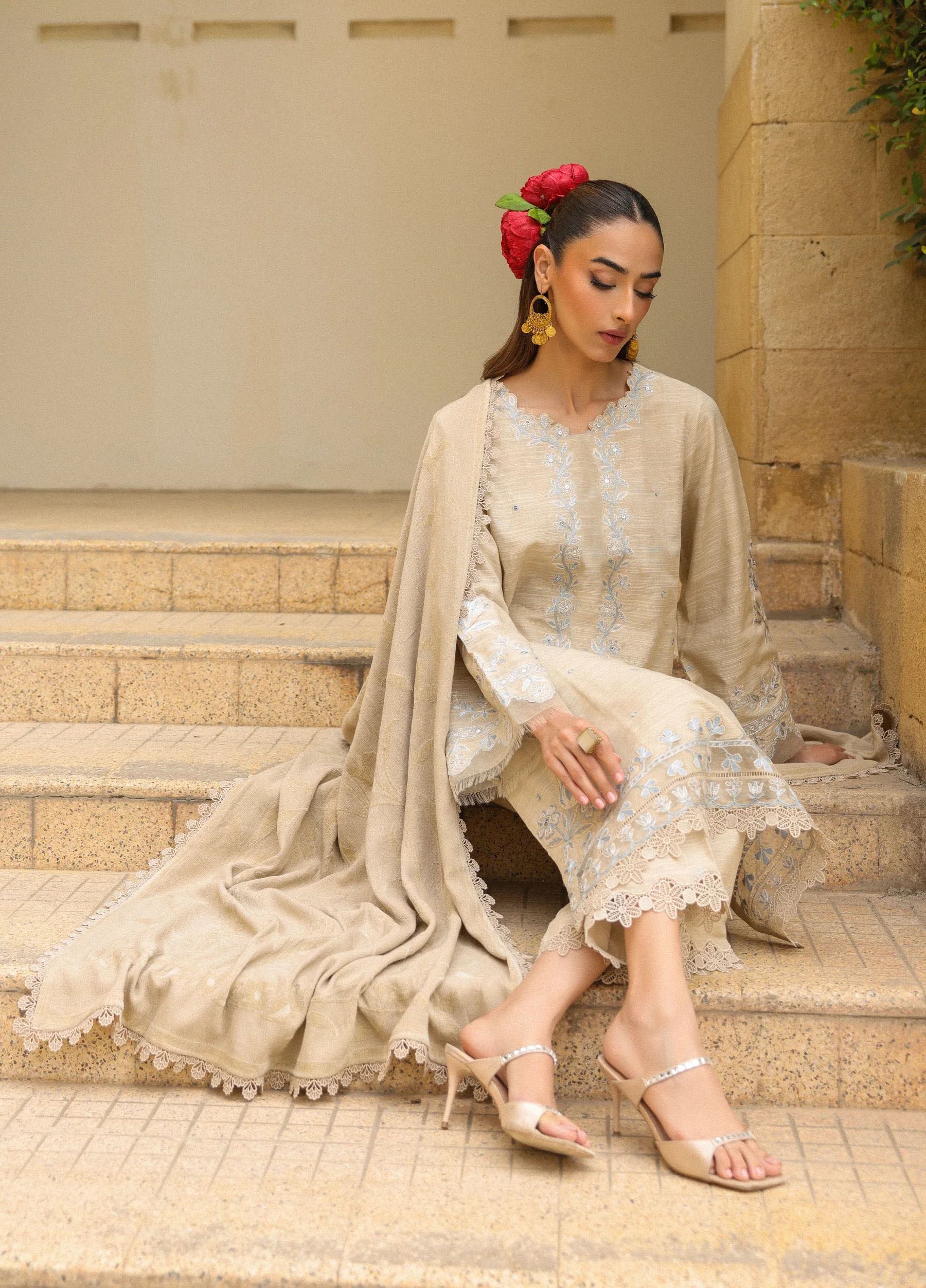 ZSA5 Ziya by Sahar – Beige Embroidered Khaddar 3PC with Wool Shawl