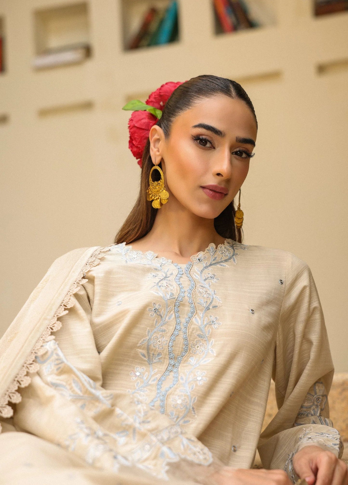 ZSA5 Ziya by Sahar – Beige Embroidered Khaddar 3PC with Wool Shawl