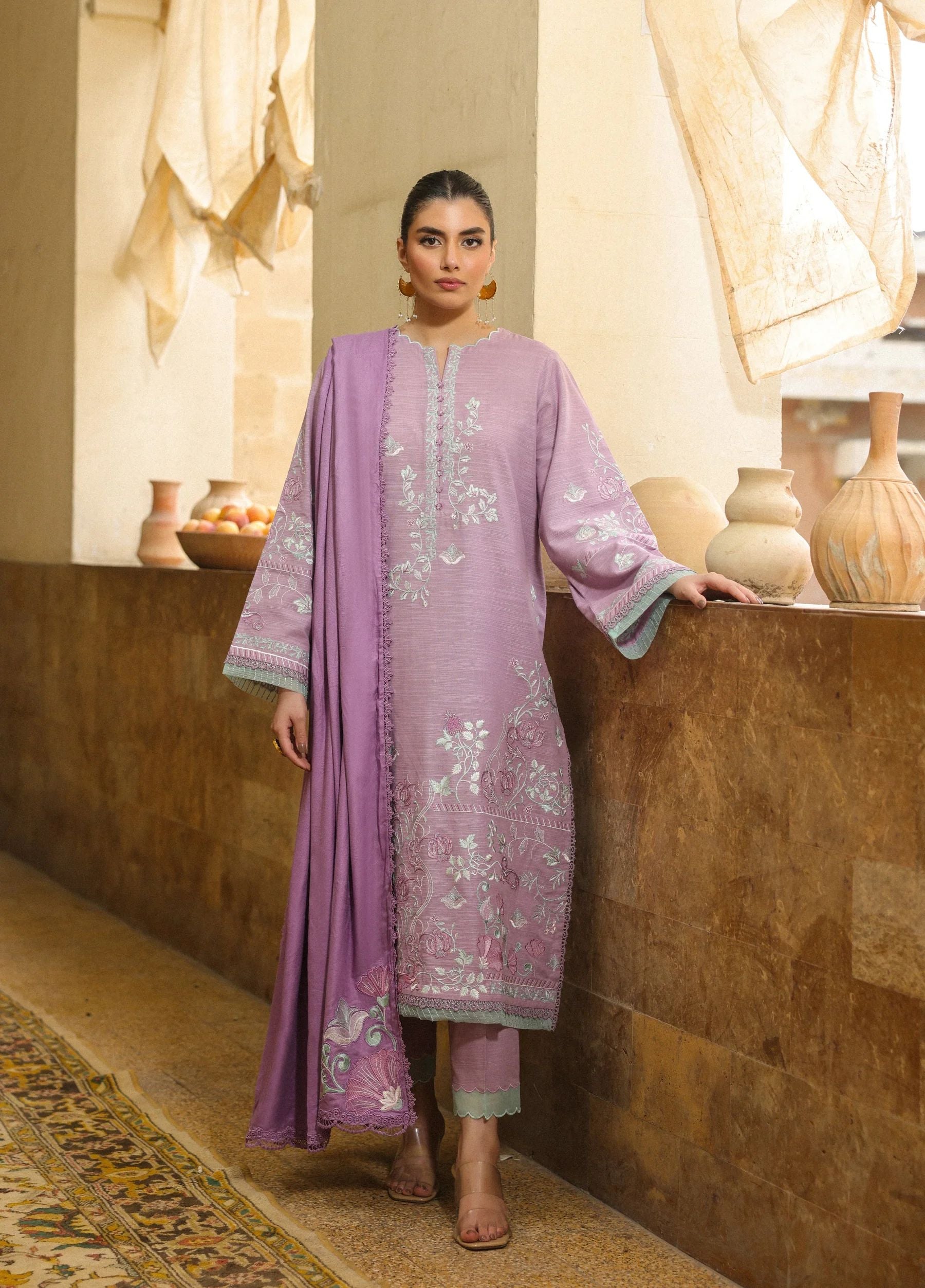 ZSA4 Ziya by Sahar Lilac Embroidered Khaddar 3PC with Wool Shawl
