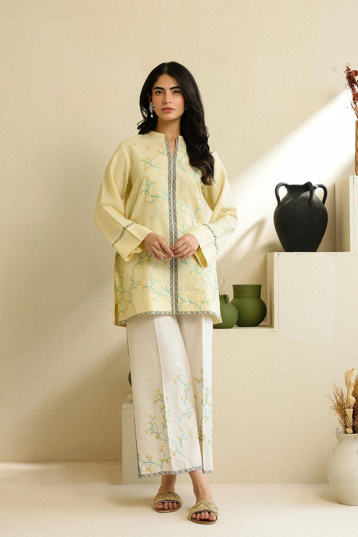 Butter Yellow Embroidered Self Jacquard 2pc Winter Set – Sahar SWC3