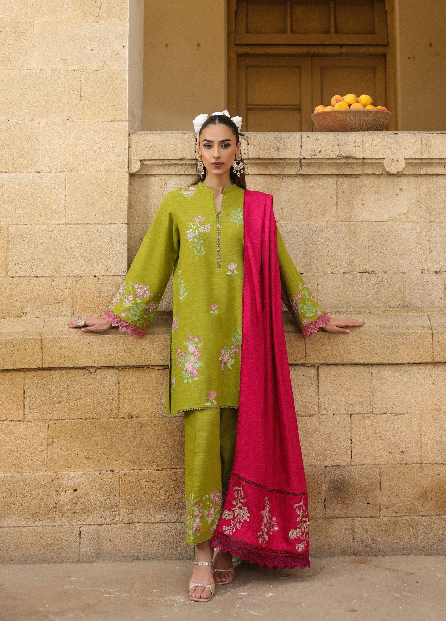 ZSA2 Ziya by Sahar – Olive Embroidered Khaddar 3PC with Wool Shawl